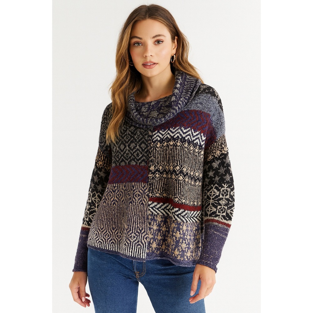 Free People Sweater XS Patchwork Nordic Oversized Knit Boho Roll‎ Neck Hem